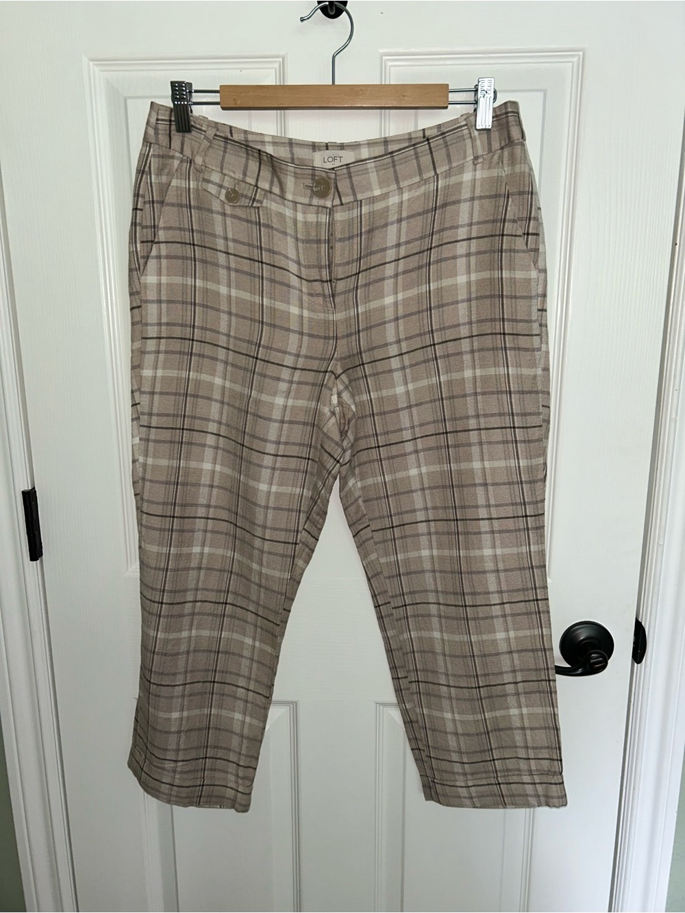 LOFT Taupe and Cream Plaid Cropped Cuffed Pants
